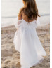 Off Shoulder White Lace Tulle Beaded Flower Girl Dress